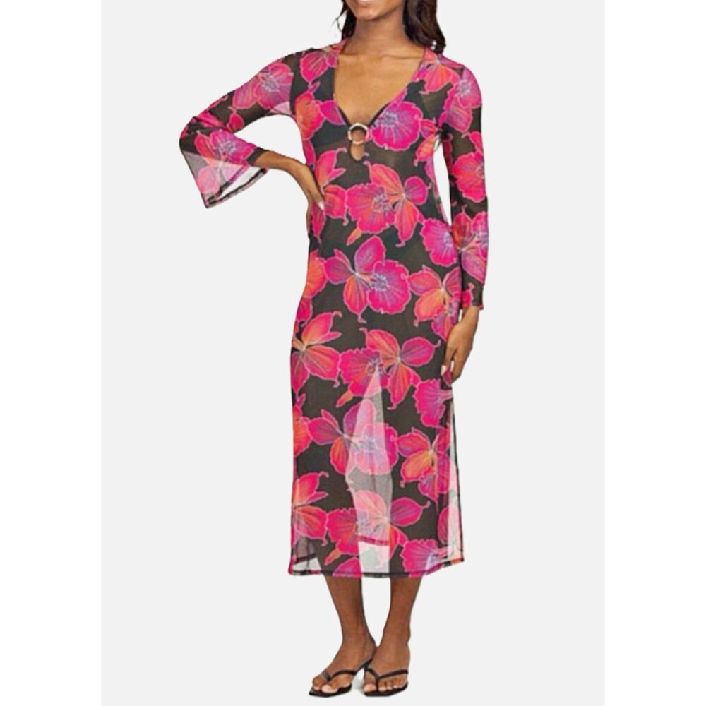 NWT TRINA TURK Fleury Mesh O-Ring Bust Accent Maxi Swim Cover-Up Dress Large